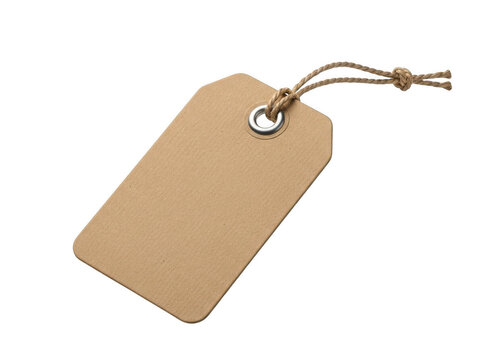 Brown kraft paper tag with string hanging, isolated on transparent background