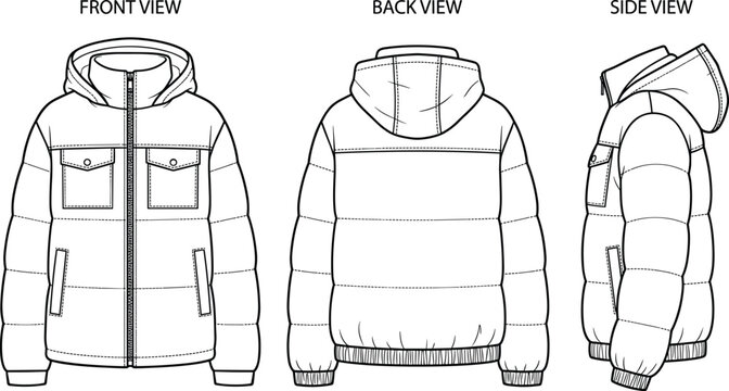 Men Hooded Puffer Jacket Technical Drawing Front Back and Side View Isolated on White Background Winter Outerwear Vector Illustration Template