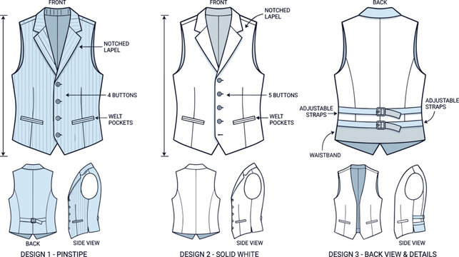 Men formal waistcoat technical drawing set with front back and side views pinstripe and solid designs detailed vector illustration