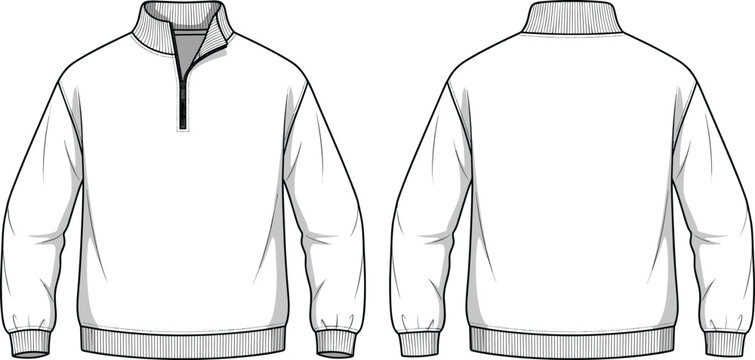 Men quarter zip sweatshirt front and back view blank apparel template detailed line art vector illustration isolated on white background