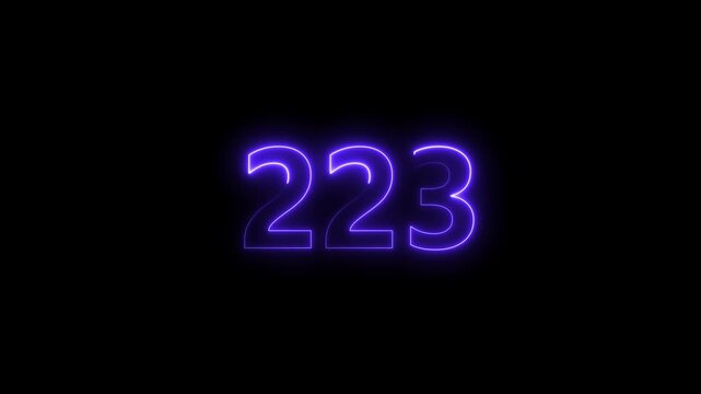Neon number 223 glowing bright on black background  4k video..