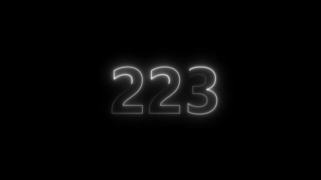 Neon number 223 glowing bright on black background  4k video..