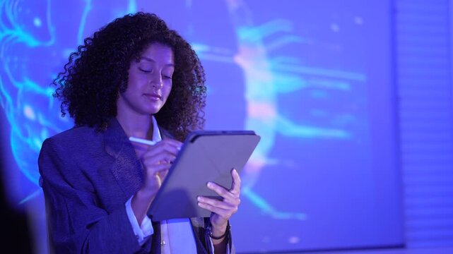Computational neuroscientist analyzing digital brain connectome data via tablet interface. AI researcher monitoring neural network synaptic simulation metrics.