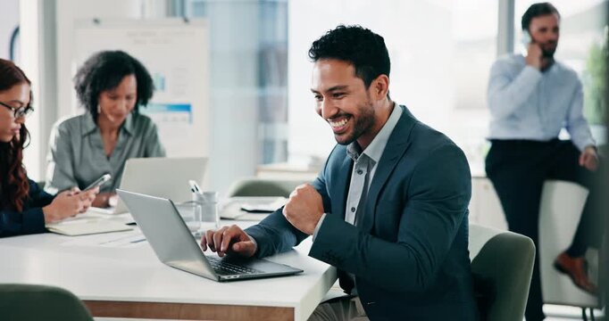 Fist pump, reading or businessman with laptop in office, proposal approval or forecast plan success. Coworking, celebrate or financial advisor with pc for email feedback, client acquisition or smile