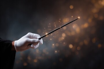 Gloved hand holding wand with warm sparks against bokeh