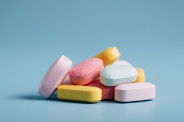 Pile of pastel tablets and capsules on blue surface studio background