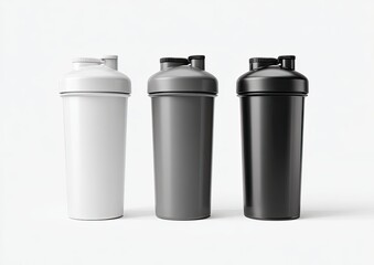 Obraz premium Three monochrome protein shaker bottles, white, grey, and black, on a white background