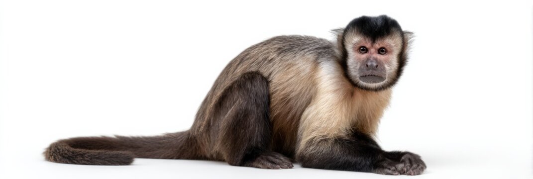 Capuchin monkey crouching on white studio background