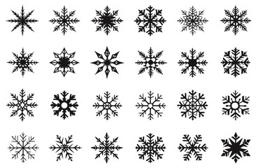 A set of black and white snowflakes in a vector graphic illustration