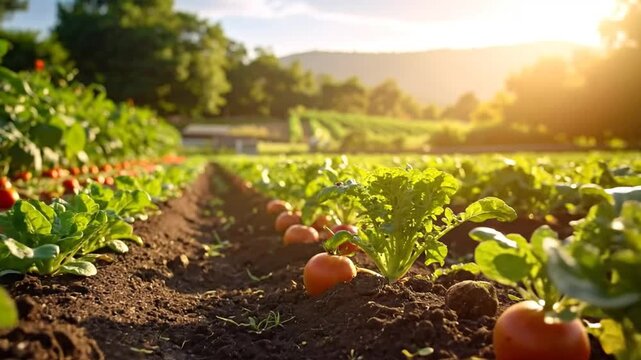Rows of fresh vegetables and tomatoes growing in a sunny garden, ready for harvest.