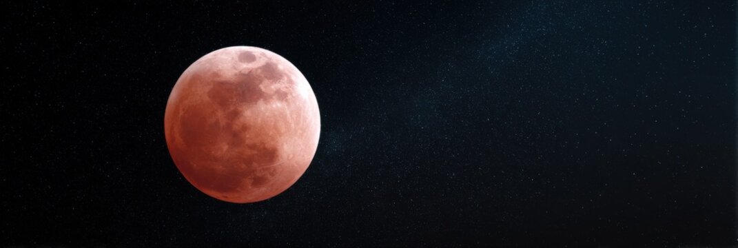 Large red moon glowing against dark starry night sky panorama