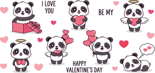 Obraz premium Cute Panda Valentine Cartoon Set with Hearts, Balloons, Gift Box and Love Messages for Romantic Stickers, Greeting Cards, Kids Design and Holiday Illustration