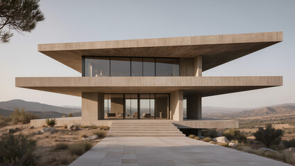 Minimalist concrete structure with expansive glass facades on an arid elevated landscape
