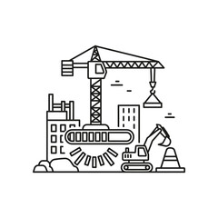 Naklejka premium Construction site equipment vector illustration with crane, truck, and bulldozer in black and white line art