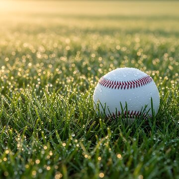A baseball resting on a dew-covered grassy field under soft sunlight. basball