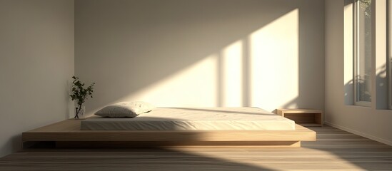 Fototapeta premium Serene Minimalist Bedroom Bathed in Warm Morning Sunlight and Geometric Shadows