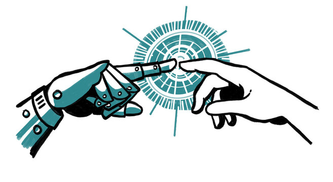 Ilustraci&oacute;n en color turquesa de Conexi&oacute;n robot, mano de metal con hombre y el toque de ambos dedos indices. en medio de los dedos se genera un destello de luz