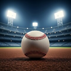 A baseball on a pitcher's mound under stadium lights at night. basball