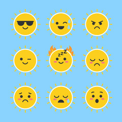 Fototapeta premium Yellow Sun Character Emoji Set with Different Facial Expressions Sunglasses Winking Sleeping Crying and Angry for Weather and Mood Concept Design