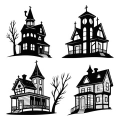 Fototapeta premium A set of four haunted houses with trees Vector
