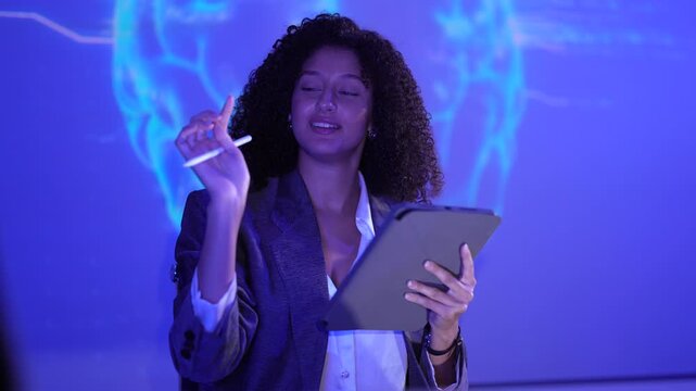 Computational neuroscientist analyzing digital brain connectome data via tablet interface. AI researcher monitoring neural network synaptic simulation metrics.