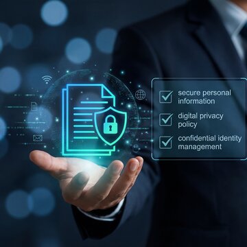 Data protection and cybersecurity concept with businessman holding hologram icon of secure personal information, digital privacy policy, and confidential identity management.