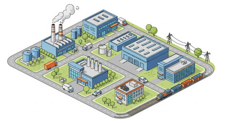Isometric illustration of an industrial complex with various buildings and infrastructure.
