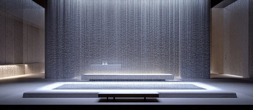 Serene Modern Spa Interior: Shimmering Rain Curtain, Tranquil Pool, Minimalist Design