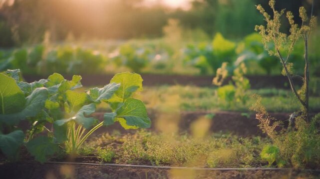 Organic kale vegetables growing in garden rows at sunset. Concept of sustainable farming, healthy lifestyle, and fresh harvest.
