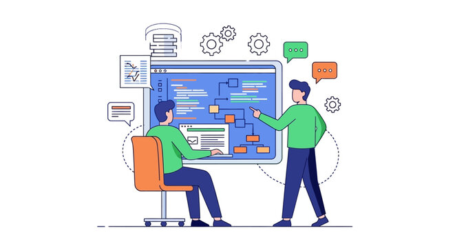 Two people collaborating on a complex computer program.