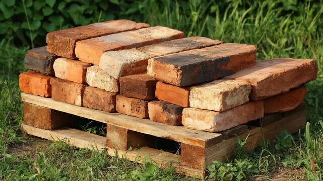 A stack of rustic bricks on a wooden pallet amidst green grass.