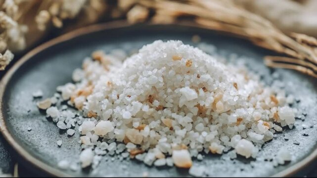 A close-up of coarse salt on a rustic plate with natural textures.