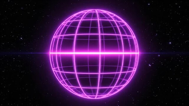 Glowing purple wireframe globe with a bright horizontal line, set against a starry black background with a futuristic and technological mood.