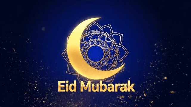A golden crescent moon and intricate mandala pattern on a sparkling blue background with "Eid Mubarak" text, celebrating a religious festival.