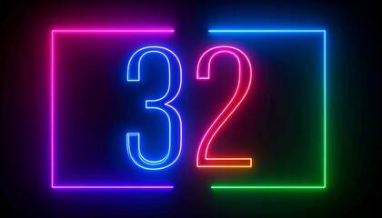 Number 32 with neon outline. Glowing number on dark background