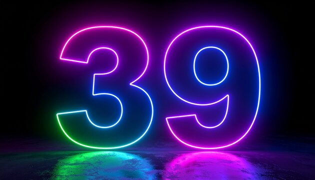 Number 39 with neon outline. Glowing number on dark background