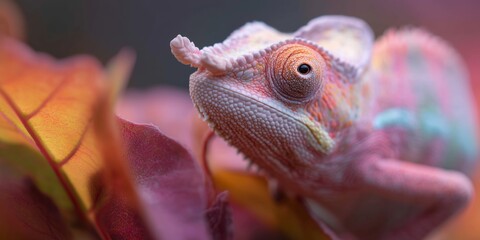 Fototapeta premium Chameleon resting among colorful leaves in a natural setting during daylight hours