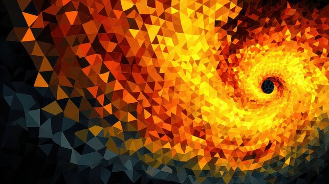 Vibrant Swirling Vortex of Orange Yellow and Dark Blue Triangles Generates Energy and Motion Creates a Visually Dynamic Abstract