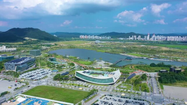 aerial view of the city, building of city, bridge of city