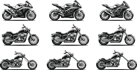 Motorcycle vector illustration set, sport bike cruiser chopper collection, black and white line art, custom motorbike design isolated bundle © Md