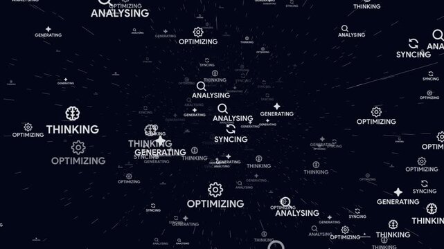 Flying through a space tunnel of artificial intelligence process words and icons. 3D animation of ai agent, machine learning, data analyzing, thinking, generating and optimizing concepts.