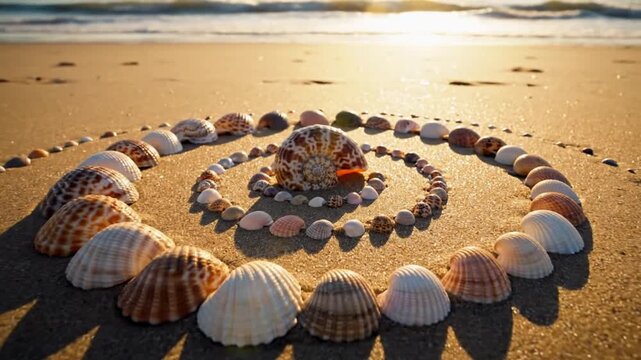 A spiral pattern of seashells and pebbles on a serene sandy beach at sunrise from a high vantage point
