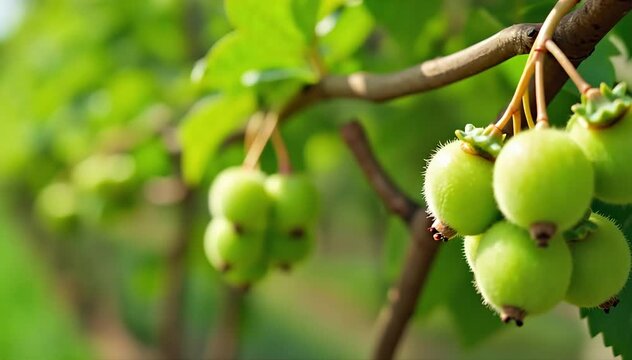 A kiwiberry vine with clusters of small fuzzy green fruits hanging from woody vines in a sunny orchard 