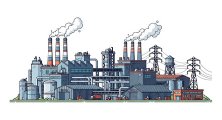 Obraz premium Detailed illustration of a large industrial factory complex with smokestacks.