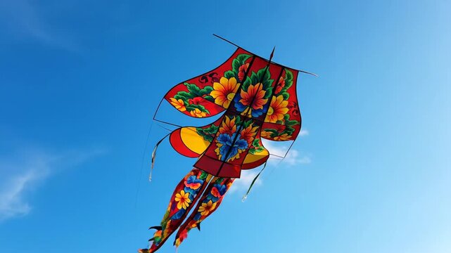 A colorful ornamental kite flying in a bright blue sky