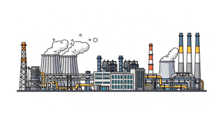 Obraz premium Industrial complex illustration depicting factories and manufacturing plants with smoke emissions.