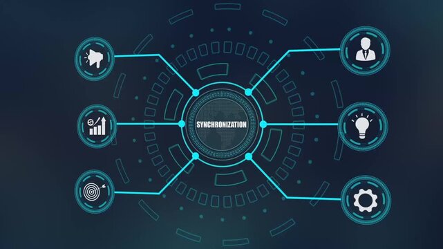 Digital Business Synchronization System, Corporate Strategic Alignment Framework, Global Technology Infrastructure, Innovative Growth Coordination, Modern Professional Performance Management Layout.