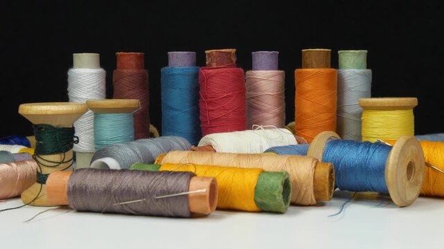 Many multi-colored spools of threads

