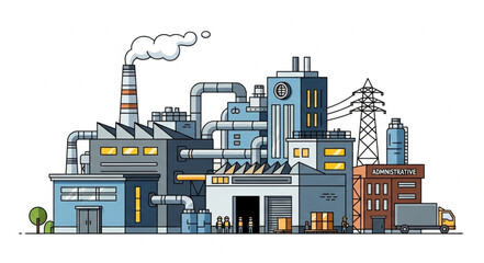 Obraz premium Industrial factory complex with smokestacks and power lines, producing emissions.