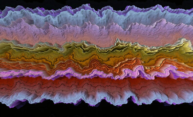 Fototapeta premium Abstract horizontal layered composition with rippling topographic textures in lavender, blue, pink, ochre, and red tones against a dark background.